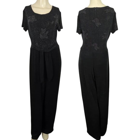 Maggy London Vintage Short Sleeve Floral Sequin Black Belt Elegant Jumpsuit Sz M - Picture 1 of 16